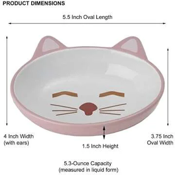 PetRageous 70658 Oval Frisky Kitty Stoneware Cat Bowl 5.5-Inch Wide and 1.5-Inch Tall Saucer with 5.3-Ounce Capacity and Dishwasher Safe is Great for Cats, Ceramic, Pink