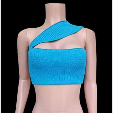 KMBANGI Strapless Crop Top for Women Ribbed Knitted Halter Tube Top Sleeveless Bandeau Knit Bustier Aesthetic Clothes(Blue,L)