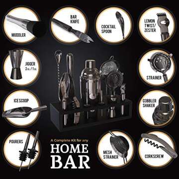 Highball & Chaser 13-Piece Cobbler Cocktail Shaker Set: Black Polished Stainless Steel Bartender Kit...