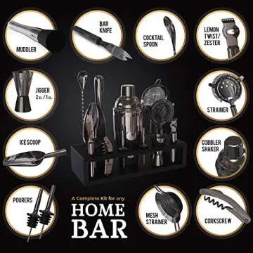Highball & Chaser 13-Piece Cobbler Cocktail Shaker Set: Black Polished Stainless Steel Bartender Kit...