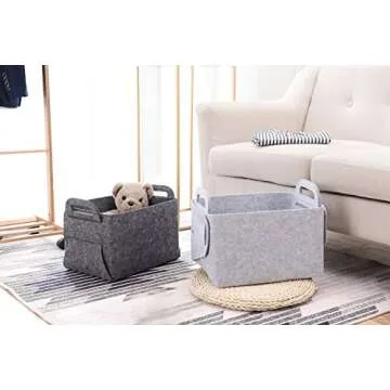 Storage Basket Felt Storage Bin Collapsible& Convenient Box Organizer with Carry Handles for Office Bedroom Closet Babies Nursery Toys Laundry (Light grey, 13.8inch（L）×9.5inch（W）×8.3inch（H）)
