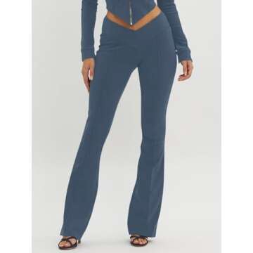 Fisoew Womens V Waist Flare Yoga Pants Crossover Workout Bell Bottoms Slim Fit Active Gym Leggings Navy