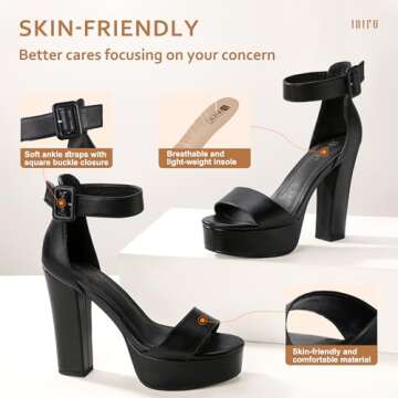 IDIFU IN5 Sabrina Black Heels Platform Heels Block Heels Chunky High Heeled Sandals for Women Sexy Ankle Strap Heels Wedding Party Dress Shoes Open Toe Heels(Black Pu 8)