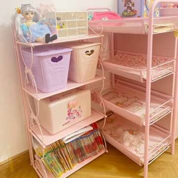BOOMALTU Cute 4-Tier Folding Metal Shelving Bathroom Shelf,Pink Shelves Pink Bookshelf with Bow and ...