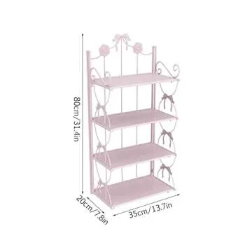 BOOMALTU Cute 4-Tier Folding Metal Shelving Bathroom Shelf,Pink Shelves Pink Bookshelf with Bow and Flowers Decor for Storage and Display in Living Room, Bathroom, Office, Kitchen