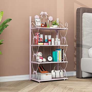 BOOMALTU Cute 4-Tier Folding Metal Shelving Bathroom Shelf,Pink Shelves Pink Bookshelf with Bow and Flowers Decor for Storage and Display in Living Room, Bathroom, Office, Kitchen