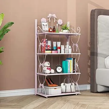 BOOMALTU Cute 4-Tier Folding Metal Shelving Bathroom Shelf,Pink Shelves Pink Bookshelf with Bow and Flowers Decor for Storage and Display in Living Room, Bathroom, Office, Kitchen