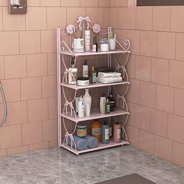 BOOMALTU Cute 4-Tier Folding Metal Shelving Bathroom Shelf,Pink Shelves Pink Bookshelf with Bow and Flowers Decor for Storage and Display in Living Room, Bathroom, Office, Kitchen