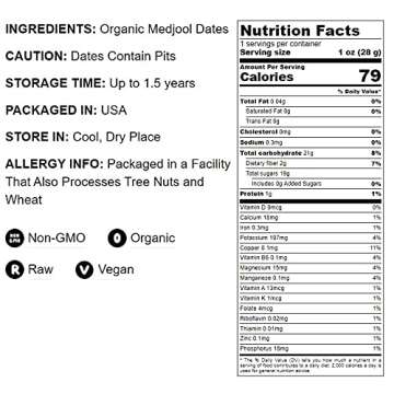 Food to Live - Organic Medjool Dates, 2 Pounds Non-GMO, Whole Dried Dated with Pits, Large Size, Unsweetened, Unsulphured, Vegan, Sirtfood, Bulk.
