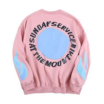 Arnodefrance Men Holy Sweatshirts Hip Hop Flame Graphic Printing Pullover Sunday Letter Oversize Long Sleeve Sweatshirt Pink