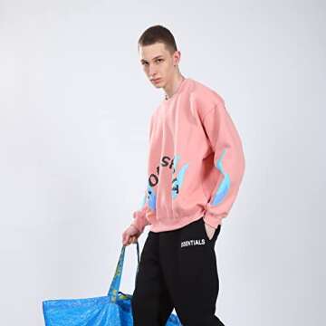 Arnodefrance Men Holy Sweatshirts Hip Hop Flame Graphic Printing Pullover Sunday Letter Oversize Long Sleeve Sweatshirt Pink