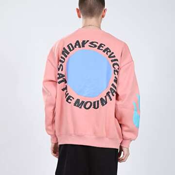 Arnodefrance Men Holy Sweatshirts Hip Hop Flame Graphic Printing Pullover Sunday Letter Oversize Long Sleeve Sweatshirt Pink