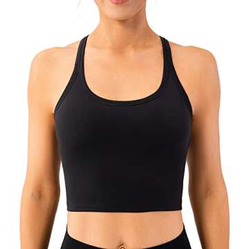 Lavento Women's Longline Sports Bras Yoga Racerback Crop Top with Built in Bra (Silky Black, 4)