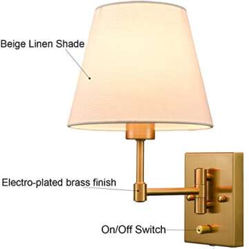 SAMTEEN Gold Plug-in Wall Sconces Set of Two Beige Shade Brass Swing Arm Wall Lamp with Plug-in Cord Wall Mount Reading Light for Bedroom Living Room