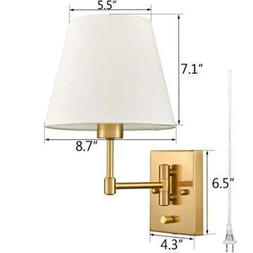 SAMTEEN Gold Plug-in Wall Sconces Set of Two Beige Shade Brass Swing Arm Wall Lamp with Plug-in Cord Wall Mount Reading Light for Bedroom Living Room