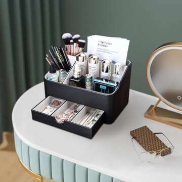 KINGFOM Desk Organizer with Drawer, Multifunction Pencil Holder for Desk, Desk Organizer and Accessories 5 Comparetments for Home Office Supplies (Black)