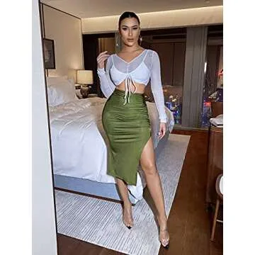 Floerns Women's Solid High Waisted Ruched Split Thigh Bodycon Midi Skirt A Green L