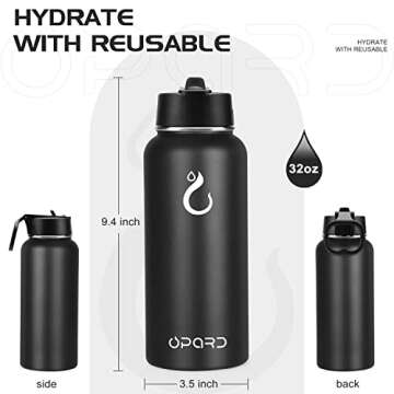 Opard Stainless Steel Water Bottle, 32 oz Vacuum Insulated Double Walled Leak Proof Sports Water Bottle with Straw for Gym Travel Camping