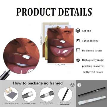 Black Woman Wall Art Set of 3 Black Girl Wall Art Decor Black Woman Portrait Artwork African American Black Women Canvas Wall Art Abstract African Women Pictures for LivingRoom Bedroom 12"x16"Unframed