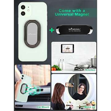 Phone Ring Holder Finger Kickstand 360°Rotation Cellphone Back Grip Foldable Cell Phone Stand for Desk Compatible with iPhone iPad Smartphones Tablets (with Universal Magnetic Car Mount)