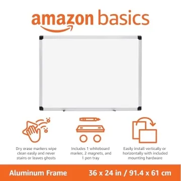 Amazon Basics Magnetic Dry Erase Whiteboard, 36 x 24-Inch, Aluminum Frame, Silver/White