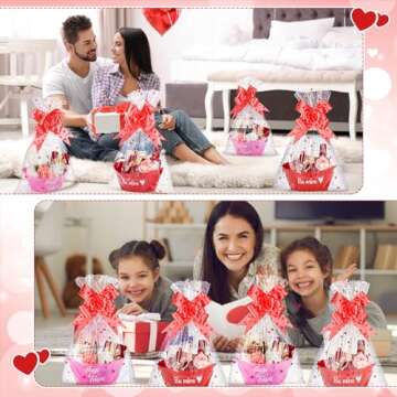 SiliFine 18 Pcs Valentines Day Baskets Gifts Empty Set Includes 6 Plastic Gift Basket Empty 6 Clear Heart Printed Gift Bags 6 Pull Bows for Holiday Birthday Wedding Party Bridal Showers DIY Supplies