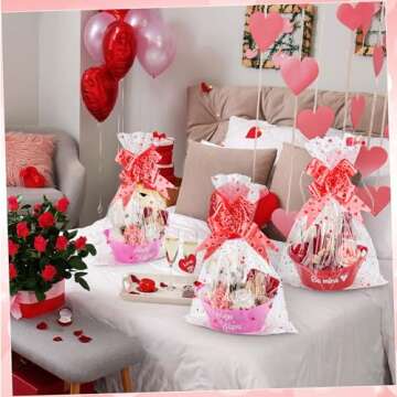 SiliFine 18 Pcs Valentines Day Baskets Gifts Empty Set Includes 6 Plastic Gift Basket Empty 6 Clear Heart Printed Gift Bags 6 Pull Bows for Holiday Birthday Wedding Party Bridal Showers DIY Supplies
