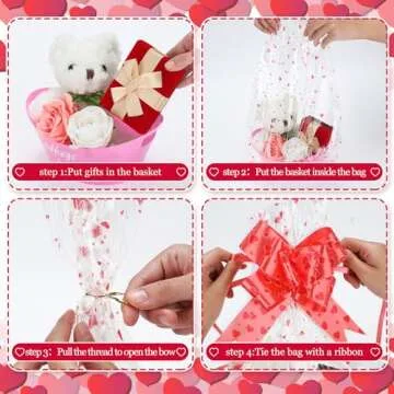 SiliFine 18 Pcs Valentines Day Baskets Gifts Empty Set Includes 6 Plastic Gift Basket Empty 6 Clear Heart Printed Gift Bags 6 Pull Bows for Holiday Birthday Wedding Party Bridal Showers DIY Supplies