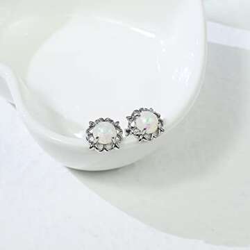 Opal Earrings Studs with 6mm Round Birthstone Gemstone Flower Earrings 925 Sterling Silver Stud Earrings for Sensitive Ears Opal Jewelry for Women Teens Girls Handmade Earrings Gift for Birthday