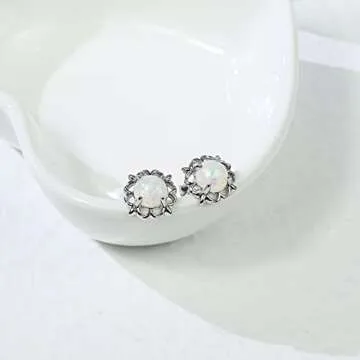 Opal Earrings Studs with 6mm Round Birthstone Gemstone Flower Earrings 925 Sterling Silver Stud Earrings for Sensitive Ears Opal Jewelry for Women Teens Girls Handmade Earrings Gift for Birthday