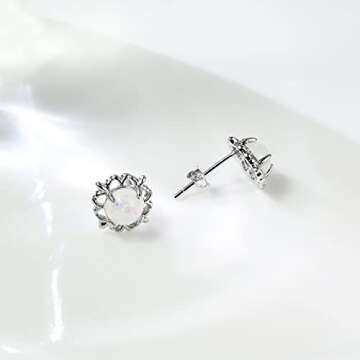Opal Earrings Studs with 6mm Round Birthstone Gemstone Flower Earrings 925 Sterling Silver Stud Earrings for Sensitive Ears Opal Jewelry for Women Teens Girls Handmade Earrings Gift for Birthday