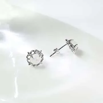 Opal Earrings Studs with 6mm Round Birthstone Gemstone Flower Earrings 925 Sterling Silver Stud Earrings for Sensitive Ears Opal Jewelry for Women Teens Girls Handmade Earrings Gift for Birthday