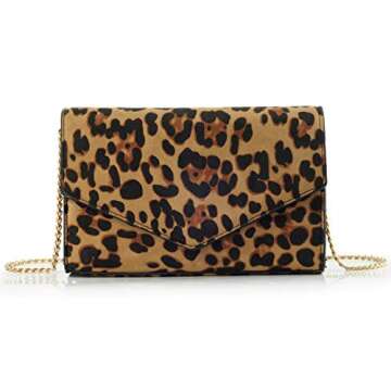 HOXIS Leopard Print Envelope Evening Clutch Women Chain Shoulder Bag (Brown Leopard Print)