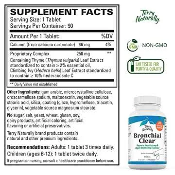 Terry Naturally Bronchial Clear Ivy Leaf Extract - Respiratory Support for Bronchial & Lung Health - Healthy Lung Support for Adults & Children - Non-Drowsy, Non-Jittery - 90 Tablets