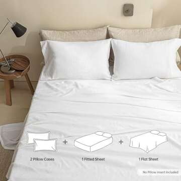 Simple&Opulence 100% Linen Sheets King Size Set, 4 Pcs Natural French Linen Bed Sheets, Breathable Soft Durable Bedding Set for All Season (White, King)