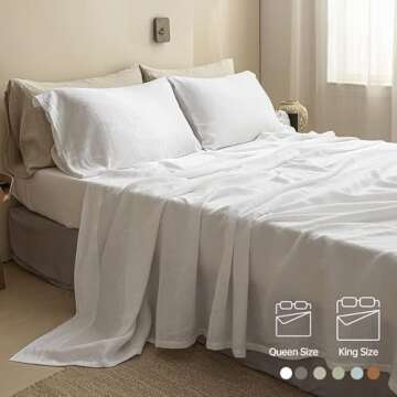Simple&Opulence 100% Linen Sheets King Size Set, 4 Pcs Natural French Linen Bed Sheets, Breathable Soft Durable Bedding Set for All Season (White, King)