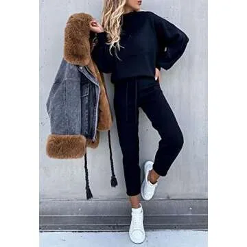 Fixmatti Women's Solid 2 Piece Casual Outfits Long Sleeve Sweatshirt Jogger Pants Tracksuit Navy Blue S