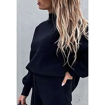 Fixmatti Women's Solid 2 Piece Casual Outfits Long Sleeve Sweatshirt Jogger Pants Tracksuit Navy Blue S