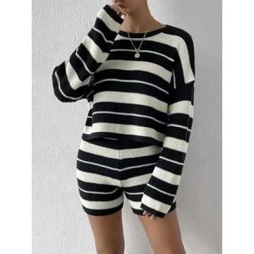 SHENHE Women's 2 Piece Outfits Casual Striped Drop Shoulder Sweater and Knit Shorts Set Black and White S