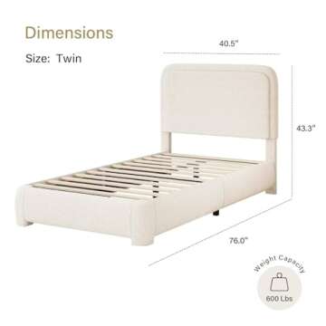 Cream Boucle Upholstered Twin Size Bed Frame – Easy Assembly, Modern Design