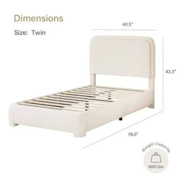 Cream Boucle Upholstered Twin Size Bed Frame – Easy Assembly, Modern Design