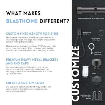 BlastHome® Luxury 10 ft Custom Curtain Rod – 1 1/4" Large Diameter – Premium Brackets & Endcaps – Nonadjustable Rods Connect for a Seamless Look – Matte Graphite Finish