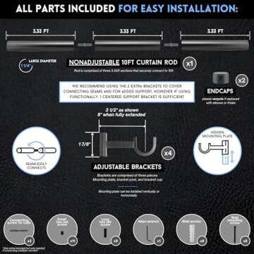 BlastHome® Luxury 10 ft Custom Curtain Rod – 1 1/4" Large Diameter – Premium Brackets & Endcaps – Nonadjustable Rods Connect for a Seamless Look – Matte Graphite Finish