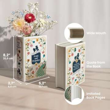 H&H Pride and Prejudice Book Vase For Flowers - Large Ceramic Book Planter Pot - Jane Austen Bookish Decor - Top #1 Pride and Prejudice Gifts and Book Vases - Bookshelf Vase For Flowers - 2025 Edition