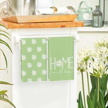 Green Home Sweet Home Flowers Summer Kitchen Towels Dish Towels, 18x26 Inch Seasonal Decoration Hand Towels Set of 2