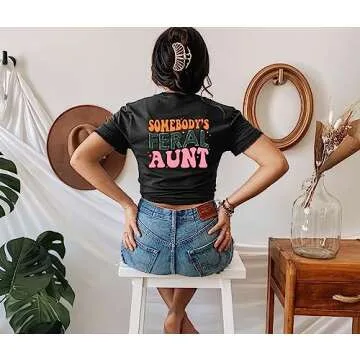 MOUSYA Somebody's Feral Aunt T-Shirt Retro Groovy Cool Aunts Club Shirt Funny Auntie Shirt Women Auntie Gifts Tee Black