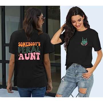 MOUSYA Somebody's Feral Aunt T-Shirt Retro Groovy Cool Aunts Club Shirt Funny Auntie Shirt Women Auntie Gifts Tee Black