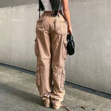 Khaki Solid Baggy Cargo Pants Women Low Waist Mom Jeans Vintage As Shows M