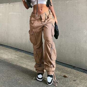 Khaki Solid Baggy Cargo Pants Women Low Waist Mom Jeans Vintage As Shows M