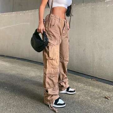 Khaki Solid Baggy Cargo Pants Women Low Waist Mom Jeans Vintage As Shows M